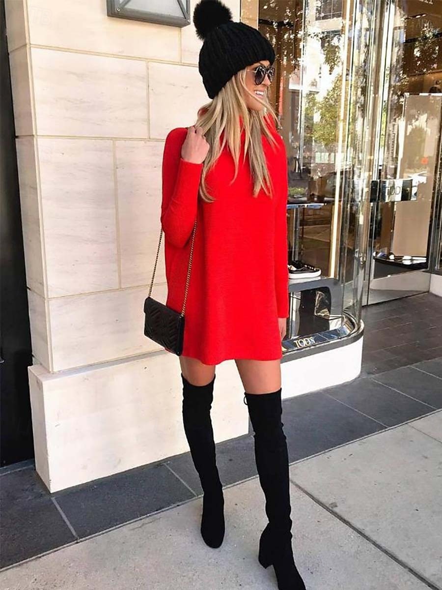 Dames Trui jurk Casual Zacht Heldere kleur Geribd Coltrui Gebreid Lange mouw Lange tops breien Buiten Dagelijks Weekend Zwart Wit Herfst Winter 2025 - $31.99 –P5