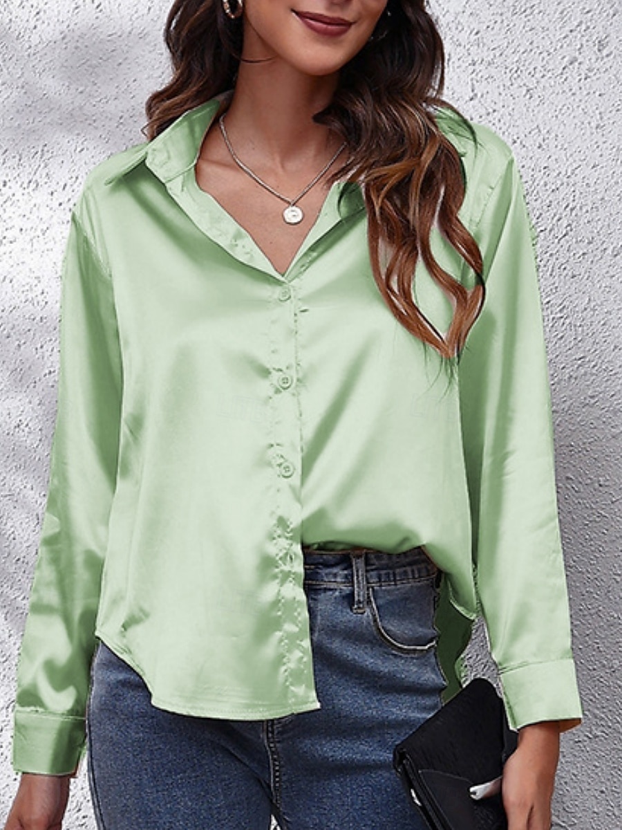 Per donna Camicia Elegant Elegante Raso/Satin Tinta unica Affari Moderno Casual Manica Lunga Colletto a Camicia Top Regolari Lavoro Abbigliamento Formale Bottoni Giallo Rosa Vino Blu Verde Estate del 2025 a $24.99 –P9