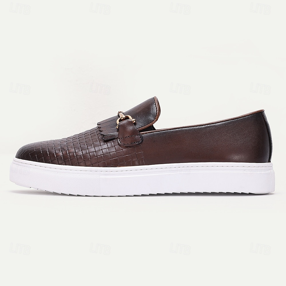 Men's Premium Cowhide Slip-On Sneakers with Woven Leather Design, Tassel and Gold Chain Detail, Casual and Stylish for Everyday Wear 2026 - $99.99 –P2