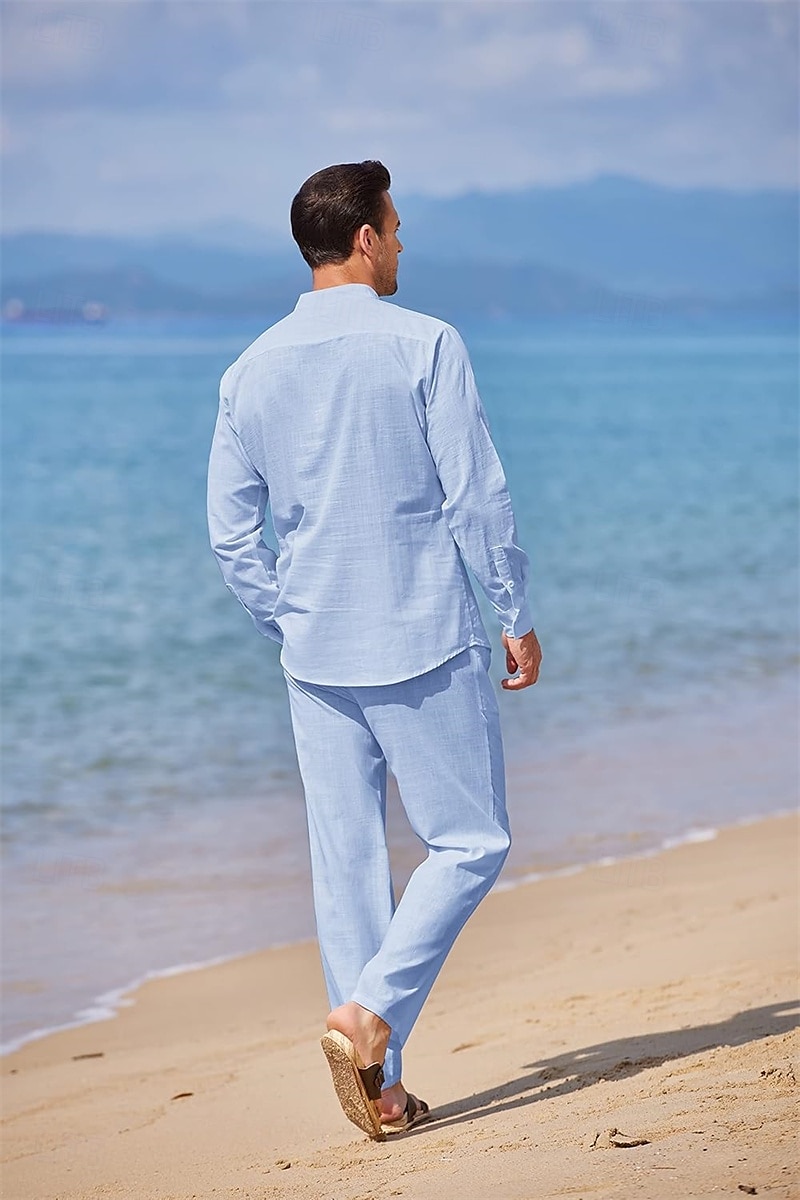 Men's 2 Piece Shirt Set Summer Shirt Matching Sets Beach Shirt Button Up Shirt Plain Vacation Casual Black White Blue Khaki Long Sleeve Collar Spring & Summer Clothing Apparel 2025 - $46.99 –P5