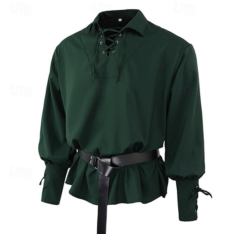 Medieval Renaissance 17th Century Medium Length Blouse / Shirt Cosplay Costume Ren Faire Knight Ritter Celtic Knight Drawstring Solid Color Men's Celtic Pirate Masquerade Casual Daily Renaissance Fair 2025 - $26.99 –P11
