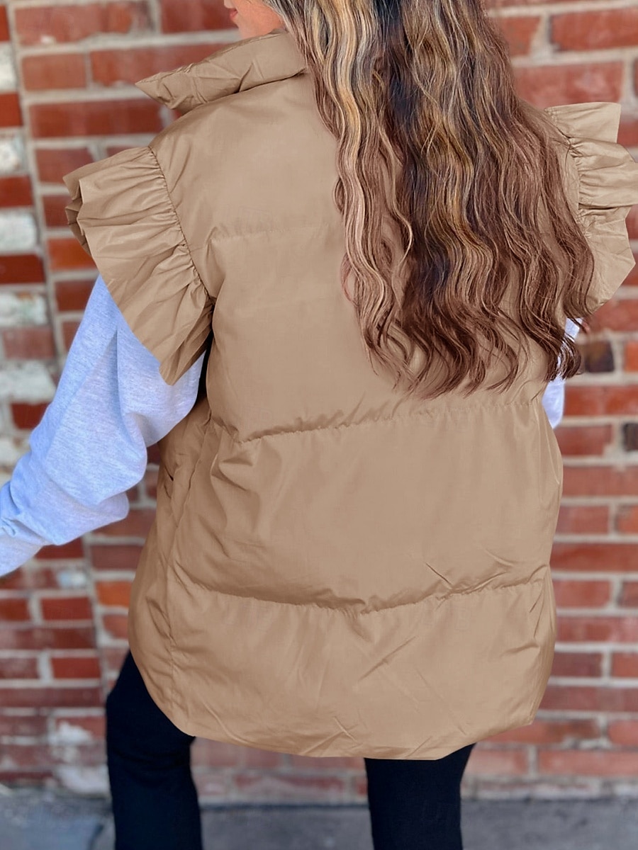 Dames Vest Buiten Straat Dagelijks Herfst Winter Normaal jas Normale pasvorm Houd Warm Ademend Hedendaags Stijlvol Jacks Mouwloos Effen Kleur Met zakken Zwart Blozend Roze Khaki 2025 - $41.99 –P9