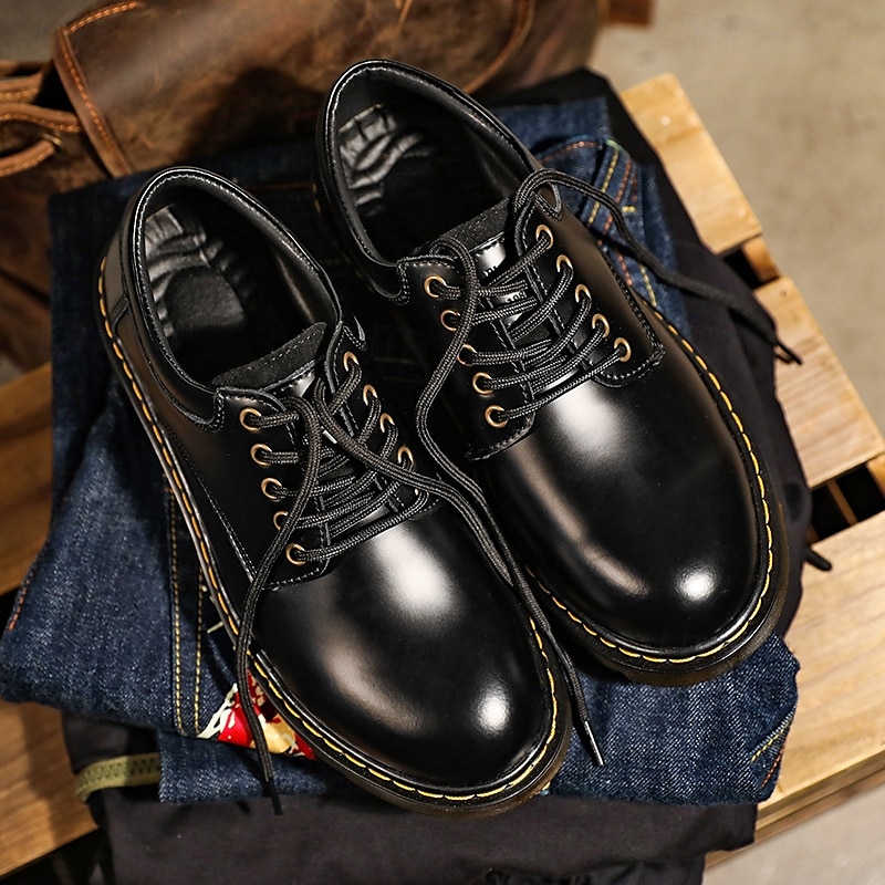 Men's Black Faux Leather Lace-Up Shoes with Yellow Stitching, Durable Casual Sneakers for Work and Everyday Wear 2025 - $54.99 –P1