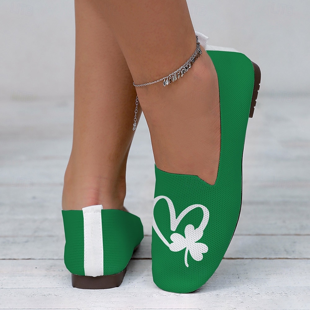 comode ballerine verdi slip-on da donna con stampa a forma di cuore e trifoglio, perfette per festeggiare il giorno di San Patrizio del 2025 a $29.99 –P3