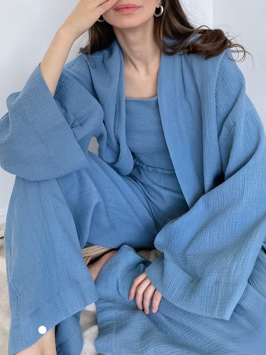 Dame Pyjamas Sett Fritid Komfort Ren farge Blondér Elastisk midje Kjole Topp Bukse Hjem Daglig Langermet V-hals Hvit Blå Brun Sommer Vår Høst Normal 2025 - $71.99 –P2