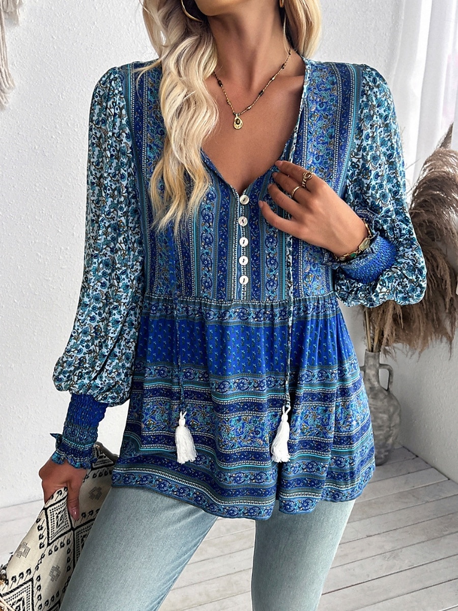 Dames Overhemd Blouse Bloemig Bohemen Casual Lange mouw V-hals Normale tops Dagelijks Afdrukken blauw Fuchsia Lente Herfst 2025 - $34.99 –P7
