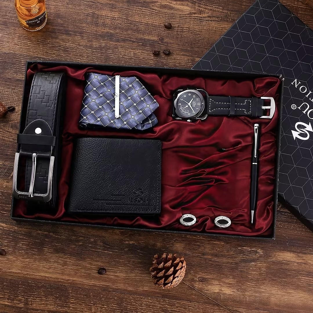 Conjunto de Presentes Masculino de 6 Peças com Caixa Cinto de Couro Carteira Gravata Abotoaduras Relógio Caneta de 2026 por $59.99 –P5