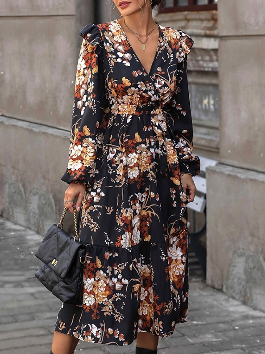 Per donna Vestito longuette Abito casual Vestito svasato Abito linea A Moda Informale Da mare Giornaliero Standard Floreale Manica lunga A V Nero Primavera Autunno del 2025 a $51.99 –P4