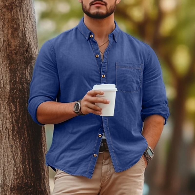 Herren Hemd Chambray-Hemd Calico-Hemd Lässiges Hemd Knopfhemd Denim Blue Schwarz Dunkel Blau Dunkelblau Langarm Glatt Kragen Urlaub Täglich Bekleidung Modisch Brautkleider schlicht 2025 - $29.99 –P1