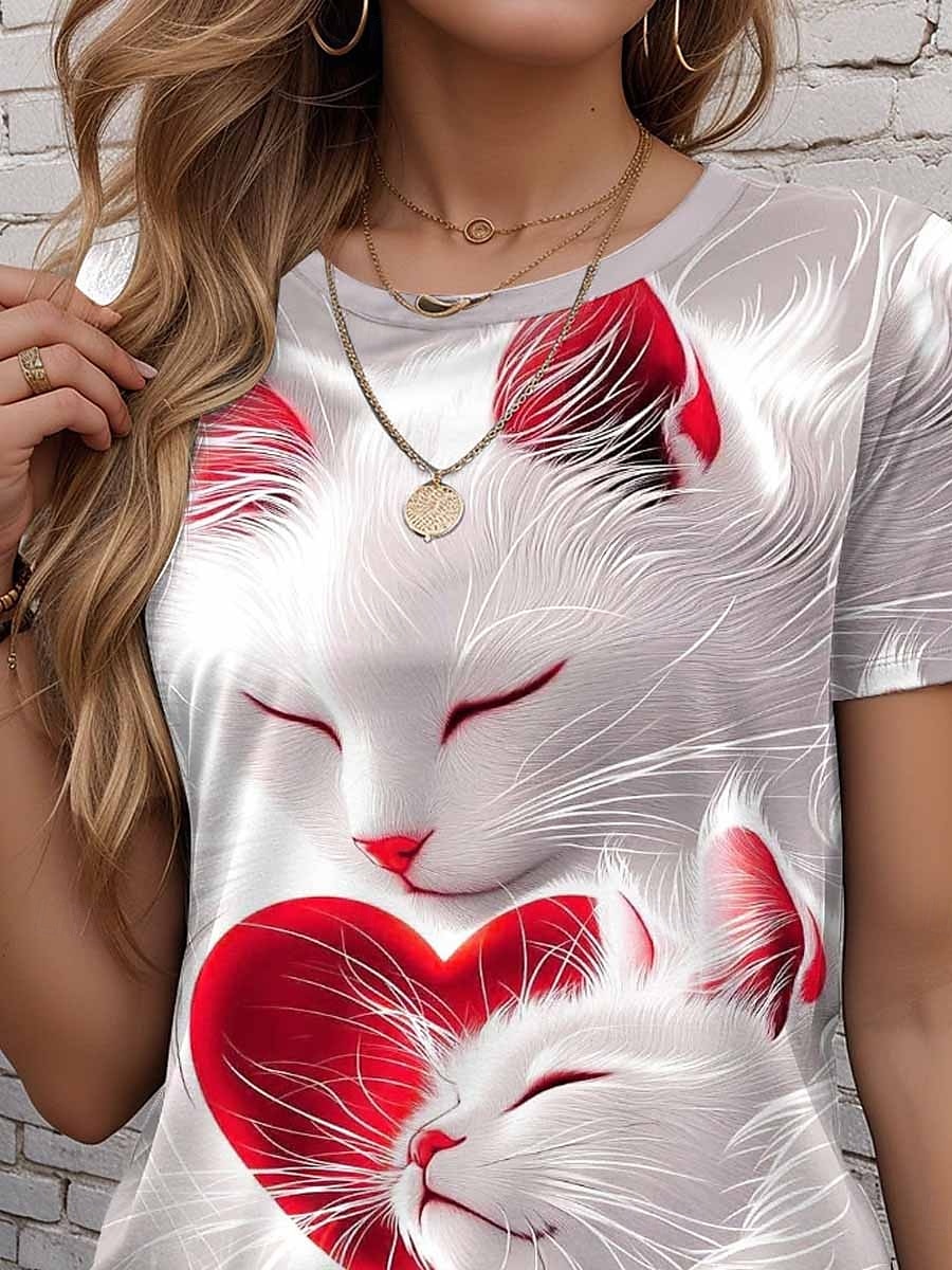 Valentine Kvinners Hjerte T-skjorte Søt Vanlige Topper Kortermet Rund Hals Trykk Regular Fit Daglig Rød Sommer 2025 - $19.99 –P3