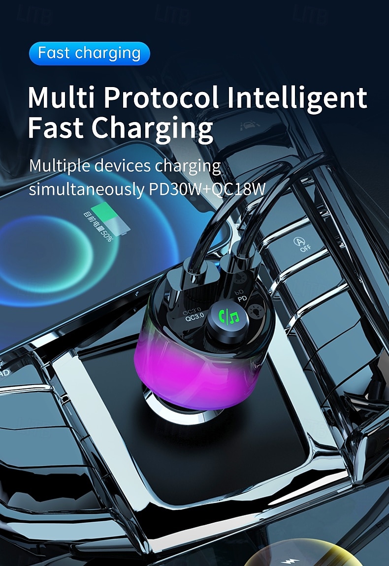 2025年 車用 Bluetooth 5.3 FM トランスミッター PD 30W + QC 3.0 デュアルポート 高速カーチャージャー ワイヤレス FM ラジオ Bluetooth カーアダプター ハンズフリー通話機能付き  コレクション – $38.99 –P6