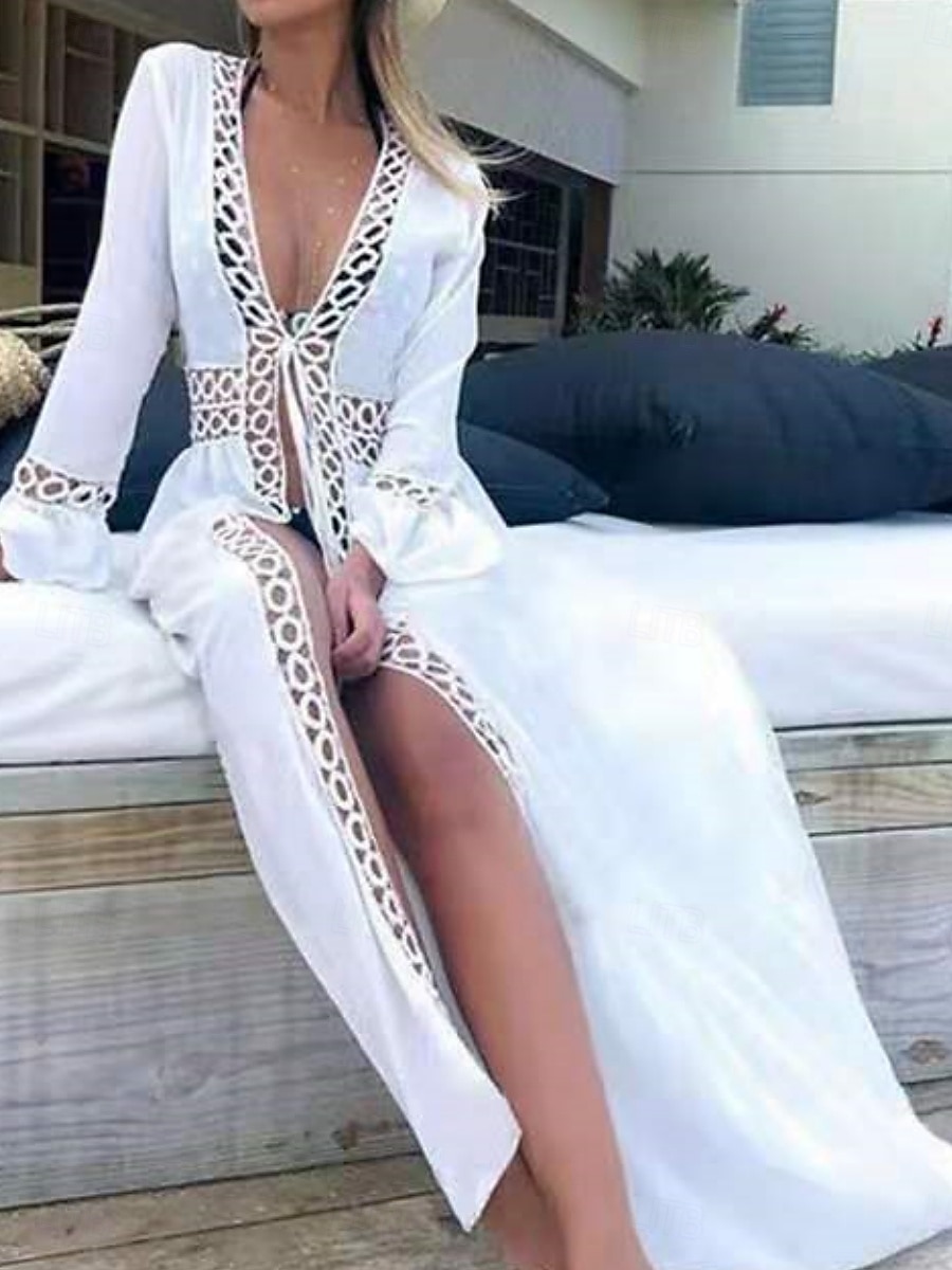 Robes de plage femme couvrant maillots de bain en dentelle patchwork Vêtements de plage de vacances Couleur unie à manches longues de 2025 ? $34.99 –P2