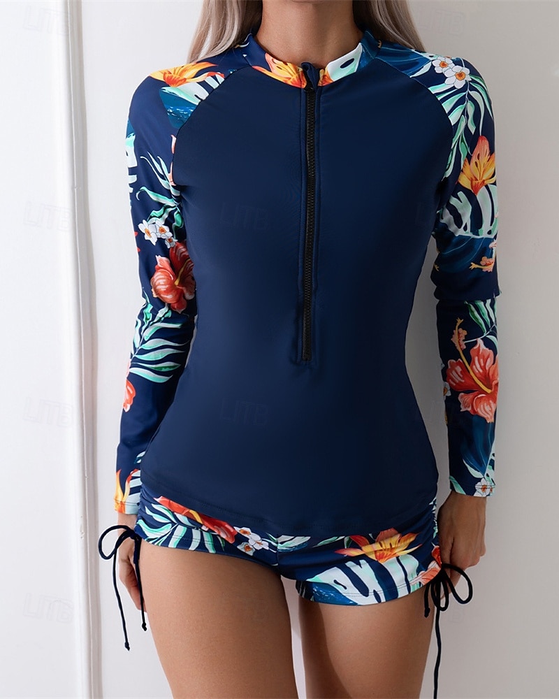 Naisten Rashguard-uimapuku Kevyt Pitkähihainen Uima-asut Uimapuku 2-osainen Etuvetoketju Uinti Lainelautailu Hiekkaranta Vesiurheilu Kukat Tilkkutäkki Painettu Kesä Kevät Syksy 2025 - $26.99 –P9