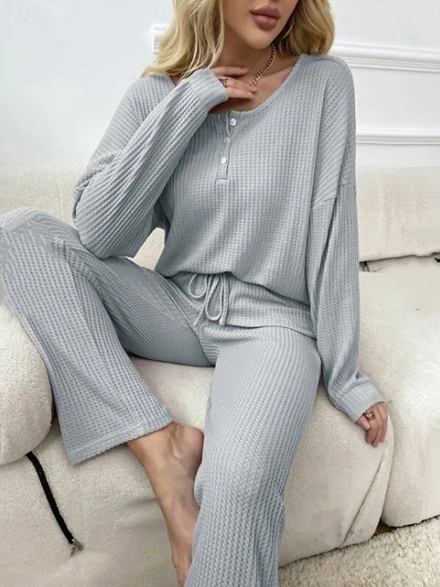 Women's Pajamas Loungewear 2 Pieces Casual Pure Color Patchwork Buttons T Shirt Pant Home Long Sleeve U Neck Black Pink Light Grey Spring Fall Winter Tailored Fit 2026 - $32.99 –P1
