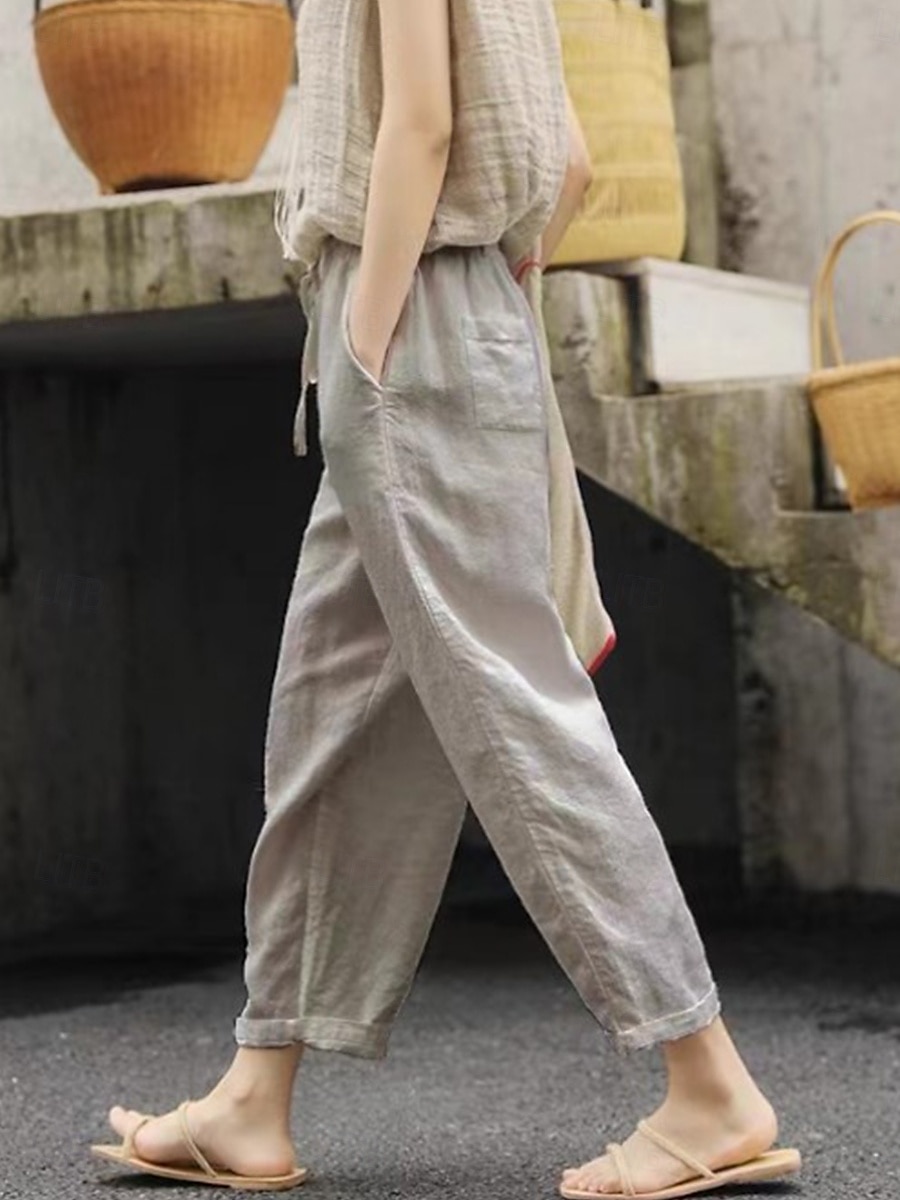 Femmes Short en coton et lin Pantalon inspiré du lin Pantalon en coton et lin Simple Classique & Intemporel Longueur complète Taille haute Couleur Unie Patchwork Avec Poches Cordon de serrage de 2025 ? $21.99 –P2