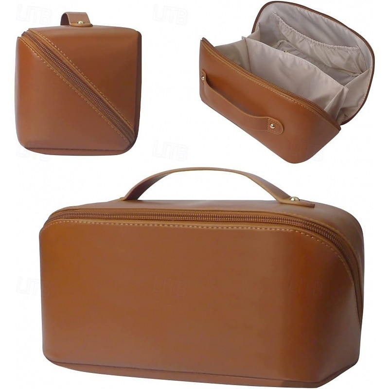 Grote capaciteit reissieraden cosmetische tas, modieuze PU lederen make-up organizer, draagbare toilettas met handvat voor reizen en opslag 2025 - $4.99 –P7