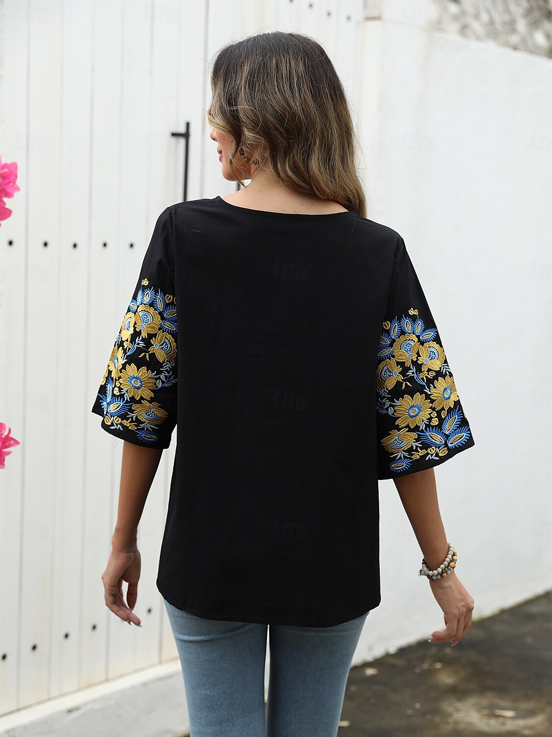 Damen Hemd Feste Farbe Blumen Brautkleider schlicht Boho 3/4 Ärmel Ellbogenlange Ärmel Rundhalsausschnitt Normale Oberteile Urlaub Party Täglich Bestickt Schwarz Herbst Frühling Sommer 2025 - $45.99 –P2