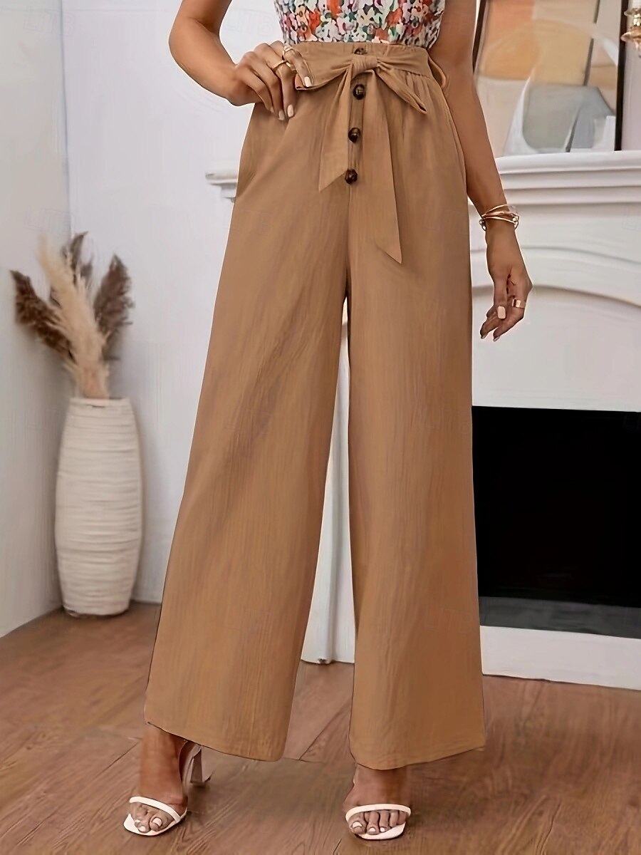 Women's Wide Leg Cotton Linen Pants Chinos Classic Style Full Length High Waist Plain Elastic Waistband Comfy Soft Comfortable Micro-elastic Outdoor Street Black Khaki Summer Fall Regular Fit 2025 - $21.99 –P1