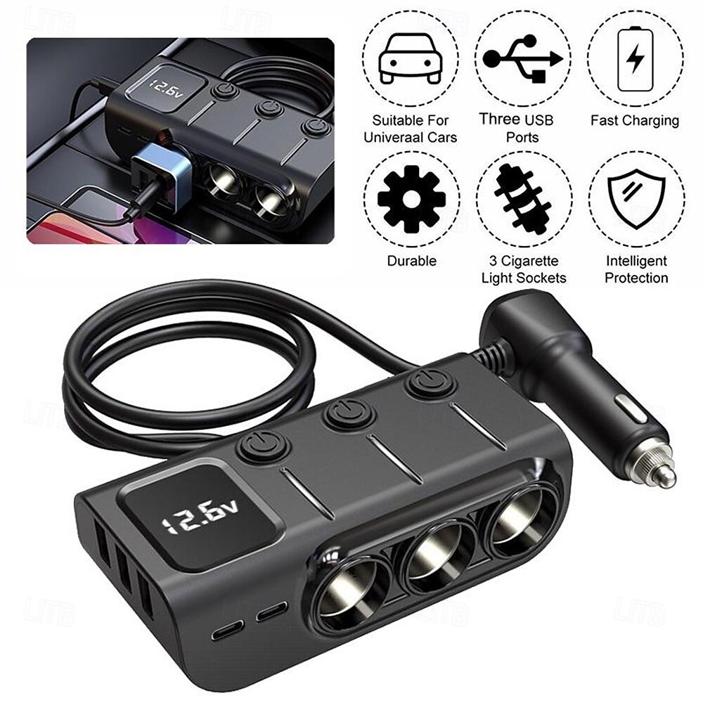 3 Way Car Cigarette Lighter Socket Splitter DC 12V/24V Power Charger Adapter with 3 USB Ports  1 Type-C Port  1 PD Fast Charge Port 2025 - $35.99 –P7