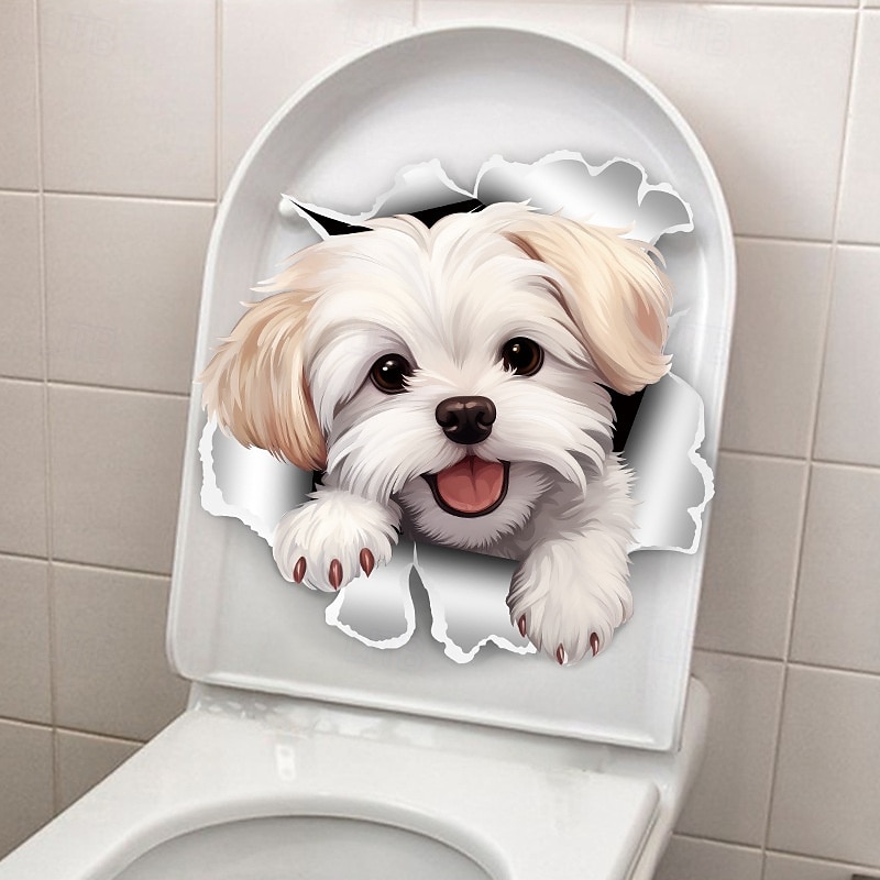 lustiger weißer Toilettensitzaufkleber mit Hund - einfach anzubringen, entfernbar, Badezimmerwand &Türaufkleber für eine verspielte Note 2025 - $3.99 –P2