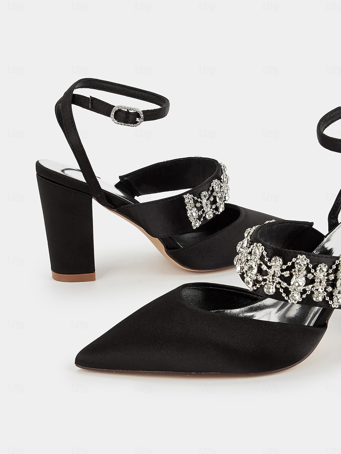 Women's Black Satin Pointed Toe Heels – Rhinestone Embellished Ankle Strap Chunky Heels for Evening Parties and Weddings 2025 - $64.99 –P7