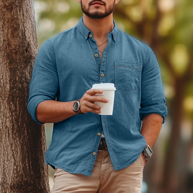 Herren Hemd Chambray-Hemd Calico-Hemd Lässiges Hemd Knopfhemd Denim Blue Schwarz Dunkel Blau Dunkelblau Langarm Glatt Kragen Urlaub Täglich Bekleidung Modisch Brautkleider schlicht 2025 - $29.99 –P4