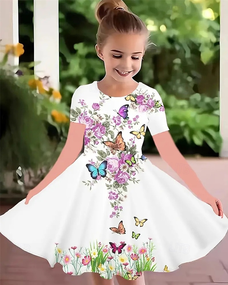 FILLE 3D Graphic Papillon Robe Manche Courte Eté Printemps Vacances du quotidien Princesse Magnifique Doux Enfants 4-12 ans Robe casual Robe Trapèze Mi-long Standard de 2026 ? GBP £12 –P1