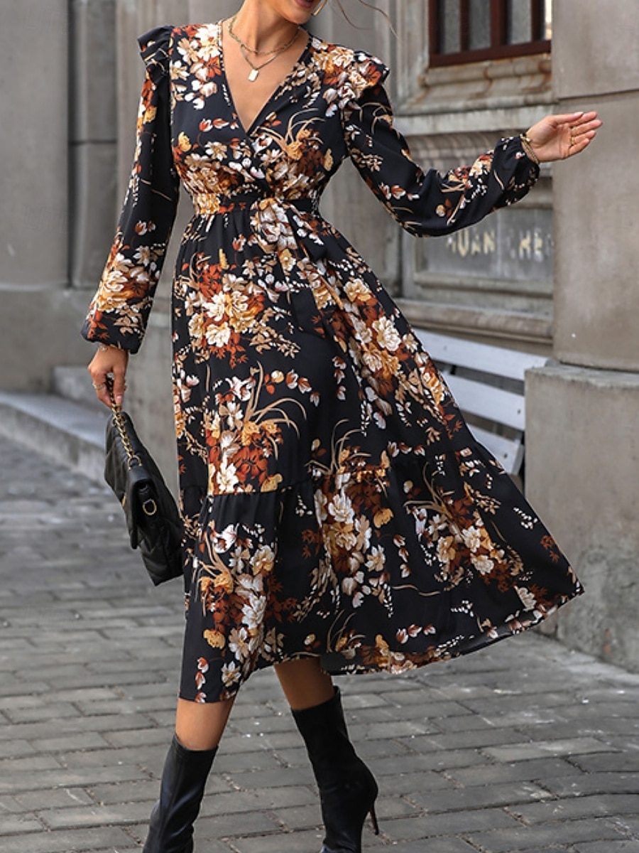 Per donna Vestito longuette Abito casual Vestito svasato Abito linea A Moda Informale Da mare Giornaliero Standard Floreale Manica lunga A V Nero Primavera Autunno del 2025 a $51.99 –P6