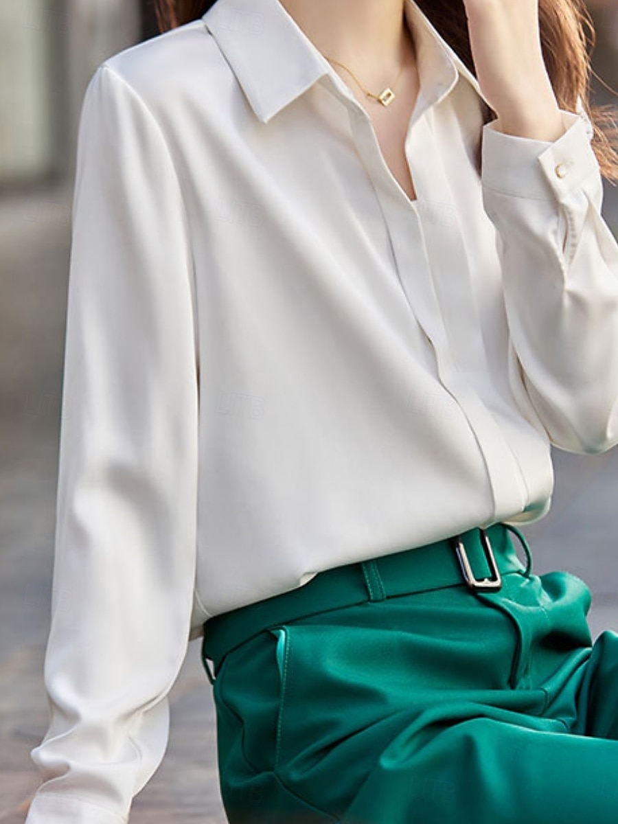 Dames Overhemd Blouse Effen Kleur Basic Casual Lange mouw Overhemdkraag Normale tops Dagelijks Knop Wit Groen Grijs Herfst Winter 2025 - $36.99 –P8