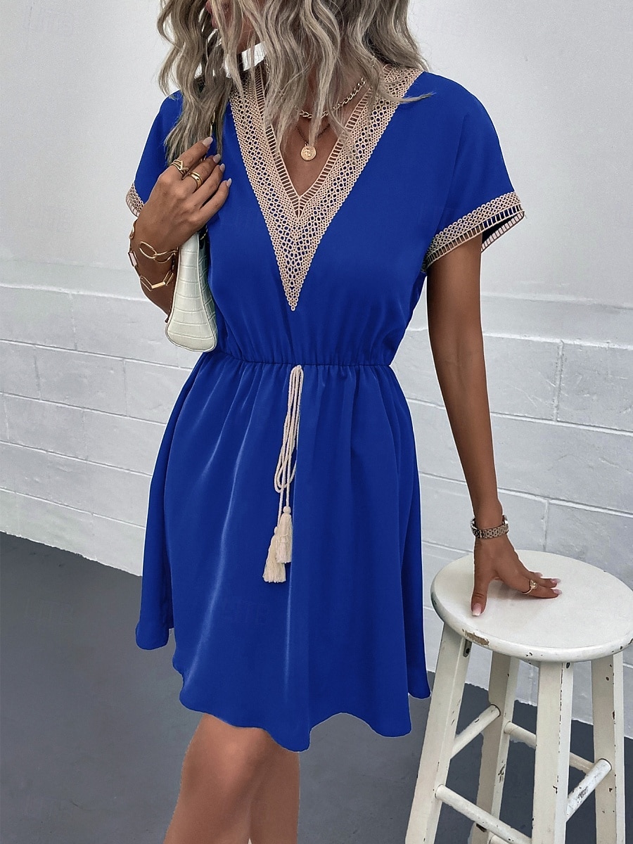 Dames Mini-jurk Casual jurk A lijn jurk Stijlvol Basic Casual Vakantie Dagelijks Normale pasvorm Effen Korte mouw V-hals Wijn blauw Zomer Lente 2025 - $36.99 –P1
