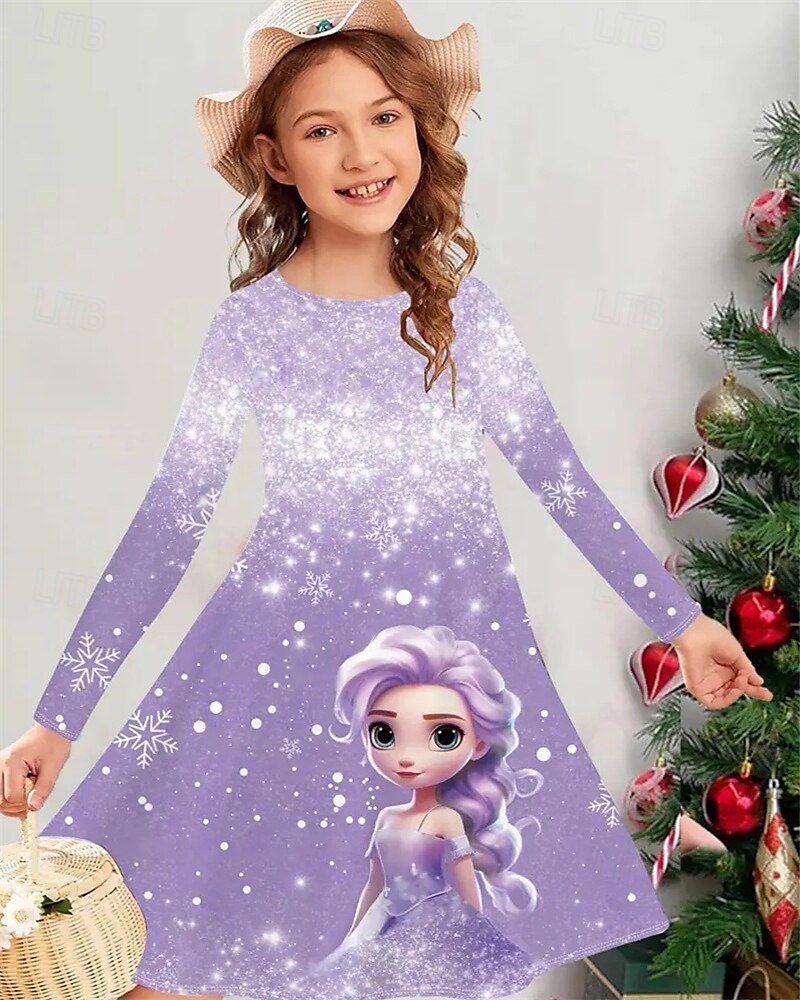 Tyttöjen 3D Kuvitettu Piirretty Lumihiutale Mekko Pitkähihainen Kesä Kevät Loma Päivittäin Pyhäpäivä Prinsessa Kaunis Makea Lapset 4-12 vuotta Rento mekko A linjainen mekko Polvipituinen Normaali 2025 - $16.99 –P5