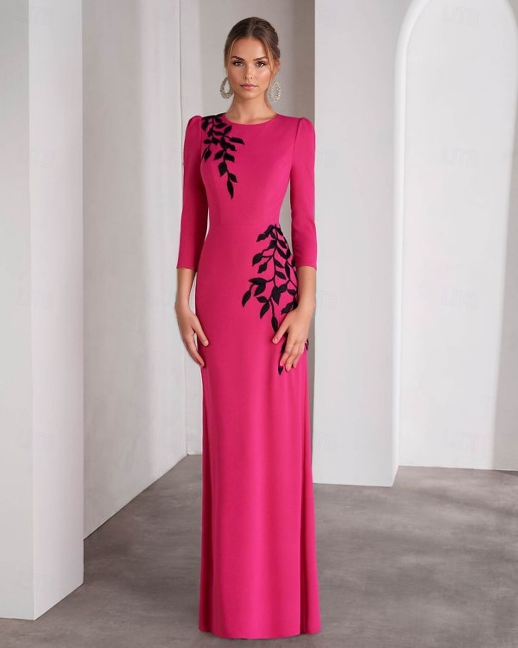 robe de soirée sirène / trompette robe élégante robe de mariée formelle longueur au sol manches 3/4 col bijou crêpe extensible avec appliques de broderie 2025 de 2025 ? $175.99 –P1