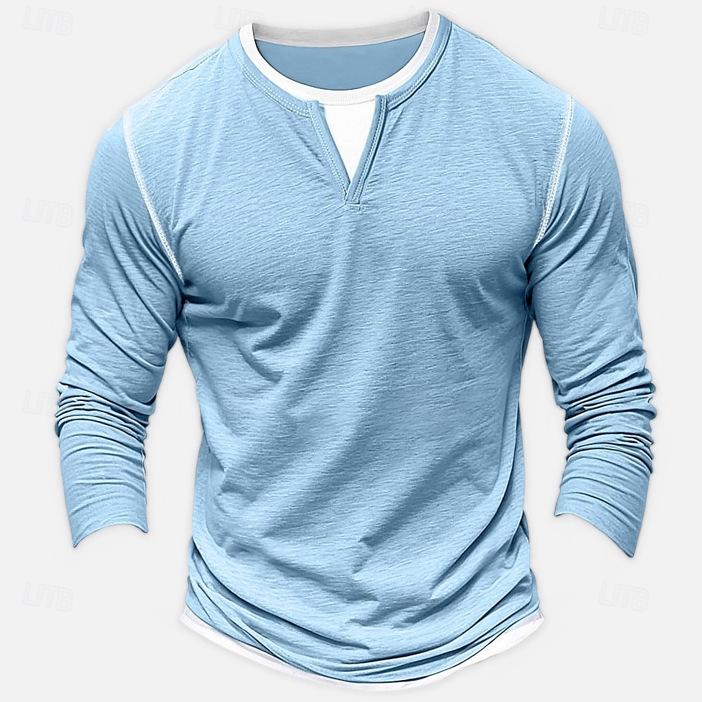 Herr Skjorta T-shirt med V-ringad Långärmad tröja Bambu-t-shirt Långärmad V-hals Vår & Höst Ensfärgat Lappverk Dagligen Ledigt Gatustil falska två stycken Utomhus Gata Casual Ljusblå Ljusgrön Mörkgrå 2025 - $25.99 –P2
