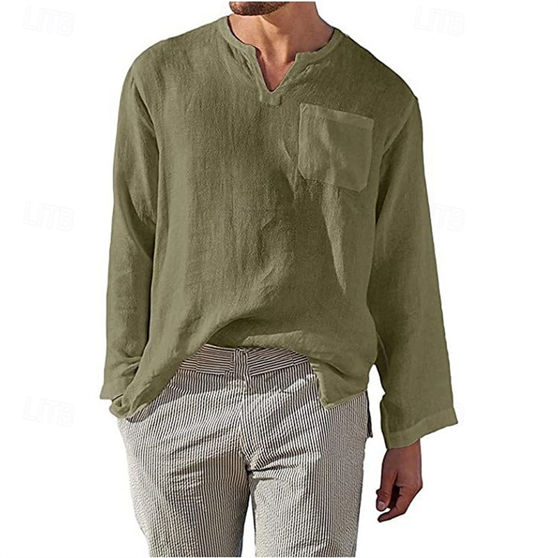 Homme Chemise Chemise Lin Chemise décontractée Plein Vacances Hawaïen Noir Blanche Vert Abricot manche longue Col V Printemps & Automne Vêtement Tenue Poche de 2025 ? $4.99 –P8