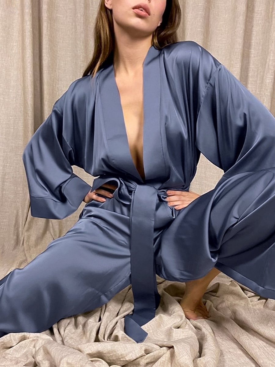 Per donna Set pigiama Informale Comoda Colore puro Vita elastica Top dell'accappatoio Pantalone Interni Giornaliero Mezza manica A V Nero Blu Verde Estate Primavera Autunno Standard del 2025 a $24.99 –P2