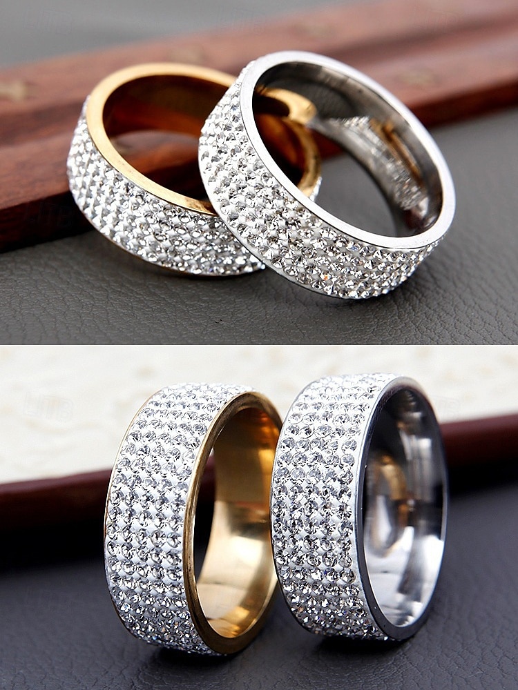 anelli da uomo a fascia larga con pavé di strass, acciaio inossidabile con finiture in oro, argento e nero, gioielli di lusso per feste, matrimoni e occasioni formali del 2025 a $7.99 –P3