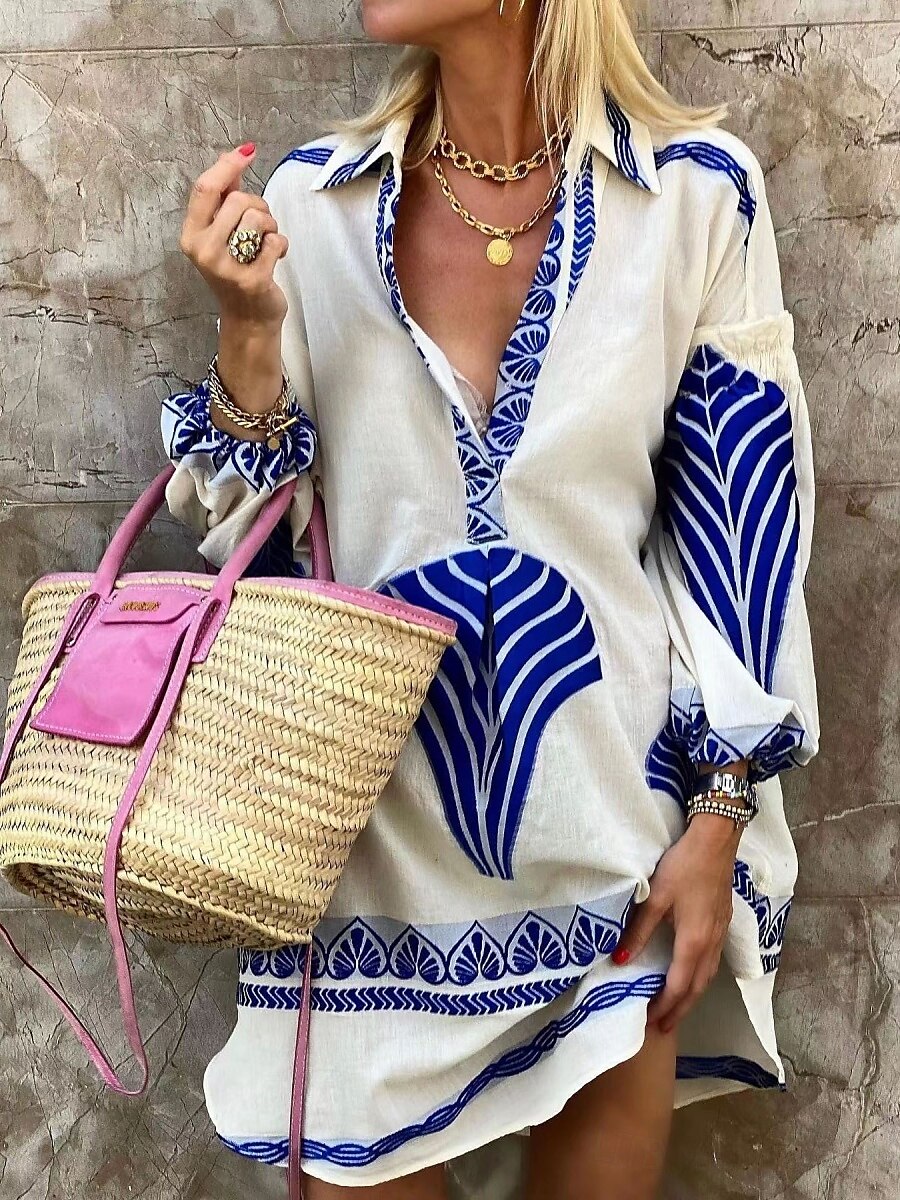 Pentru femei Rochie Mini Rochii Tip Cămașă Rochie casual Casual Zilnic Fit regulat Geometric Manșon Lung Guler Cămașă Negru Albastru piscină Trifoi Vară Primăvară Toamnă 2025 - $35.99 –P2