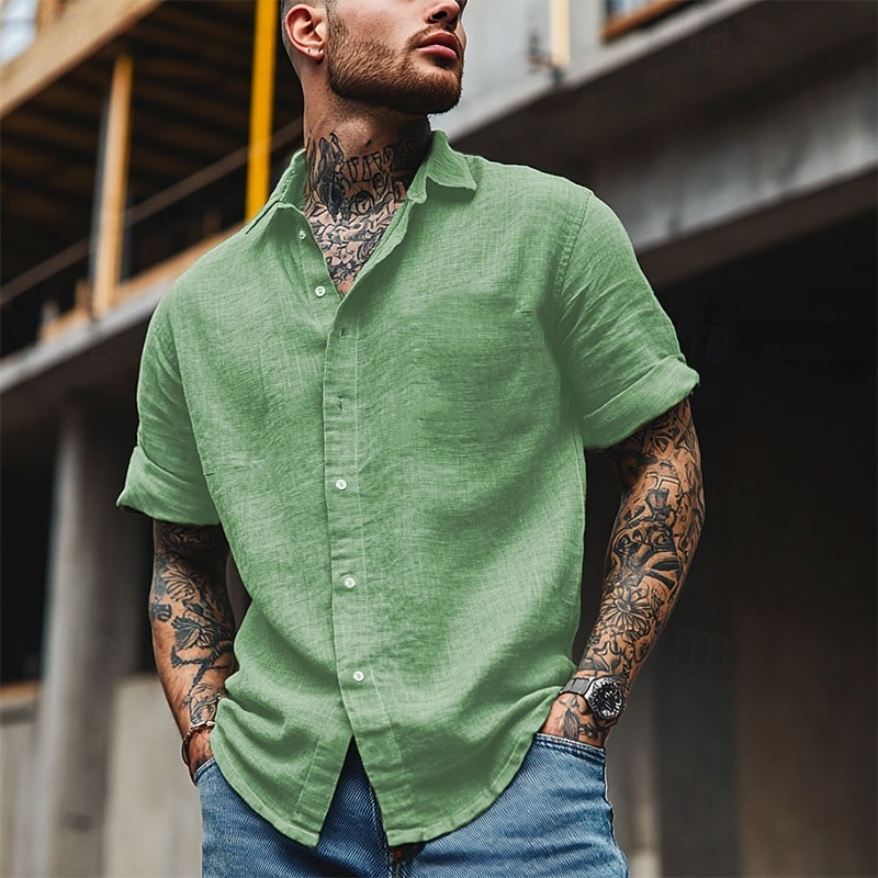 Cotone e lino Classico Per uomo Camicia camicia di lino Camicia estiva Camicia da spiaggia Camicia con bottoni Nero Bianco Blu Manica corta Liscio Collo ripiegabile Estate Da mare Per eventi del 2025 a $25.99 –P8