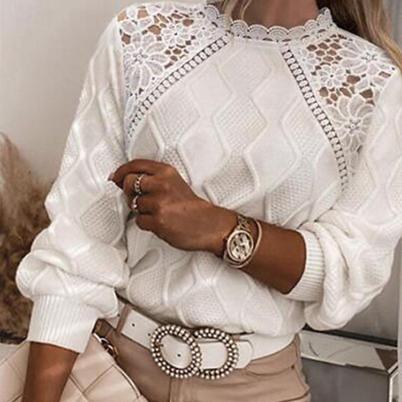 Women's Lace Splicing Top Plain Fashion Modern Casual Long Sleeve Turtleneck Regular Tops Daily Weekend Lace Patchwork White Blue Spring Fall 2025 - $41.99 –P1