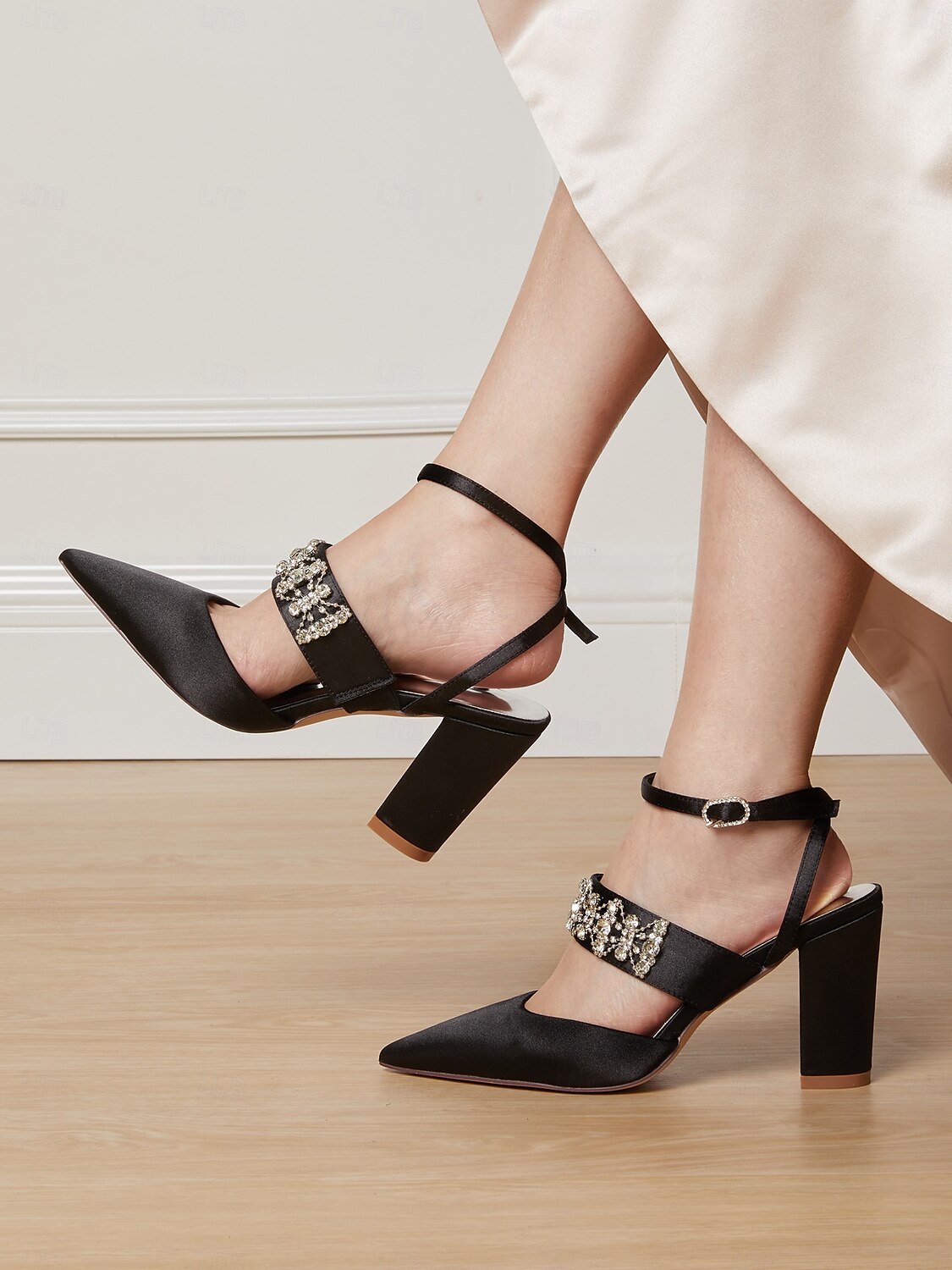 Women's Black Satin Pointed Toe Heels – Rhinestone Embellished Ankle Strap Chunky Heels for Evening Parties and Weddings 2025 - $64.99 –P1