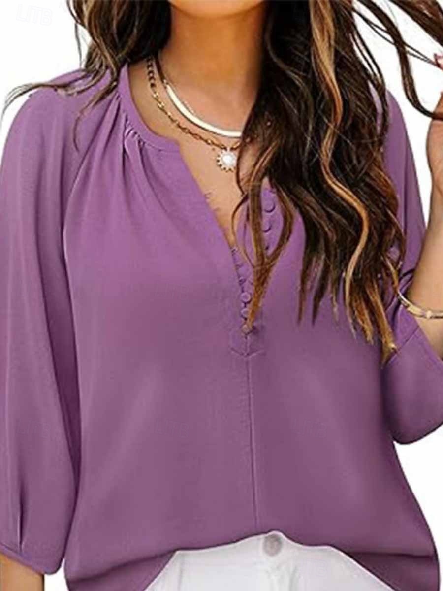 Pentru femei Cămașă Bluză Culoare solidă Afacere Modern Casual Lungime Manșon 3/4 În V Topuri obișnuite Muncă Îmbrăcăminte formală Nasturi Mov Bej Vară Primăvară 2025 - $27.99 –P2