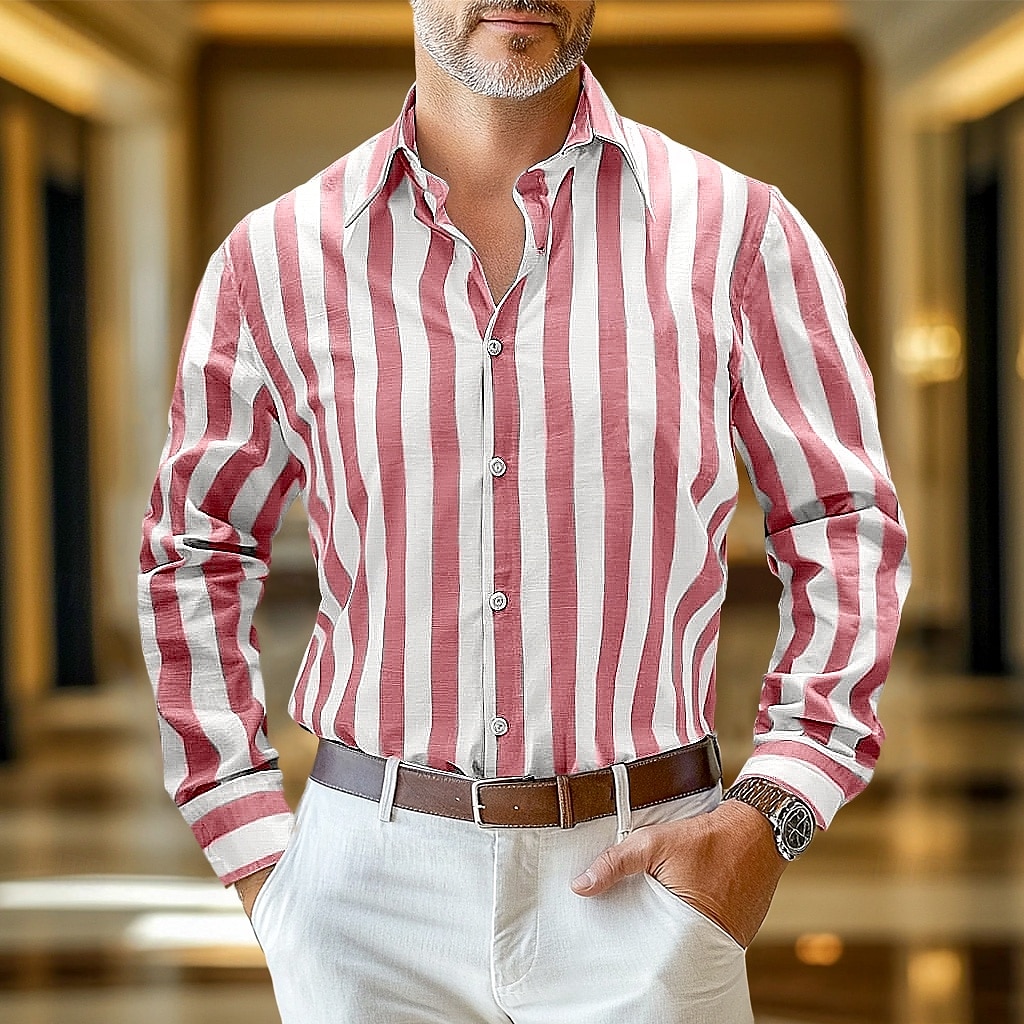 Per uomo Camicia camicia di lino Camicia in lino e cotone Camicia estiva Camicie A strisce Attività commerciale Casual / quotidiano Giallo Rosa Blu marino Verde Manica lunga Collo ripiegabile del 2025 a $26.99 –P5