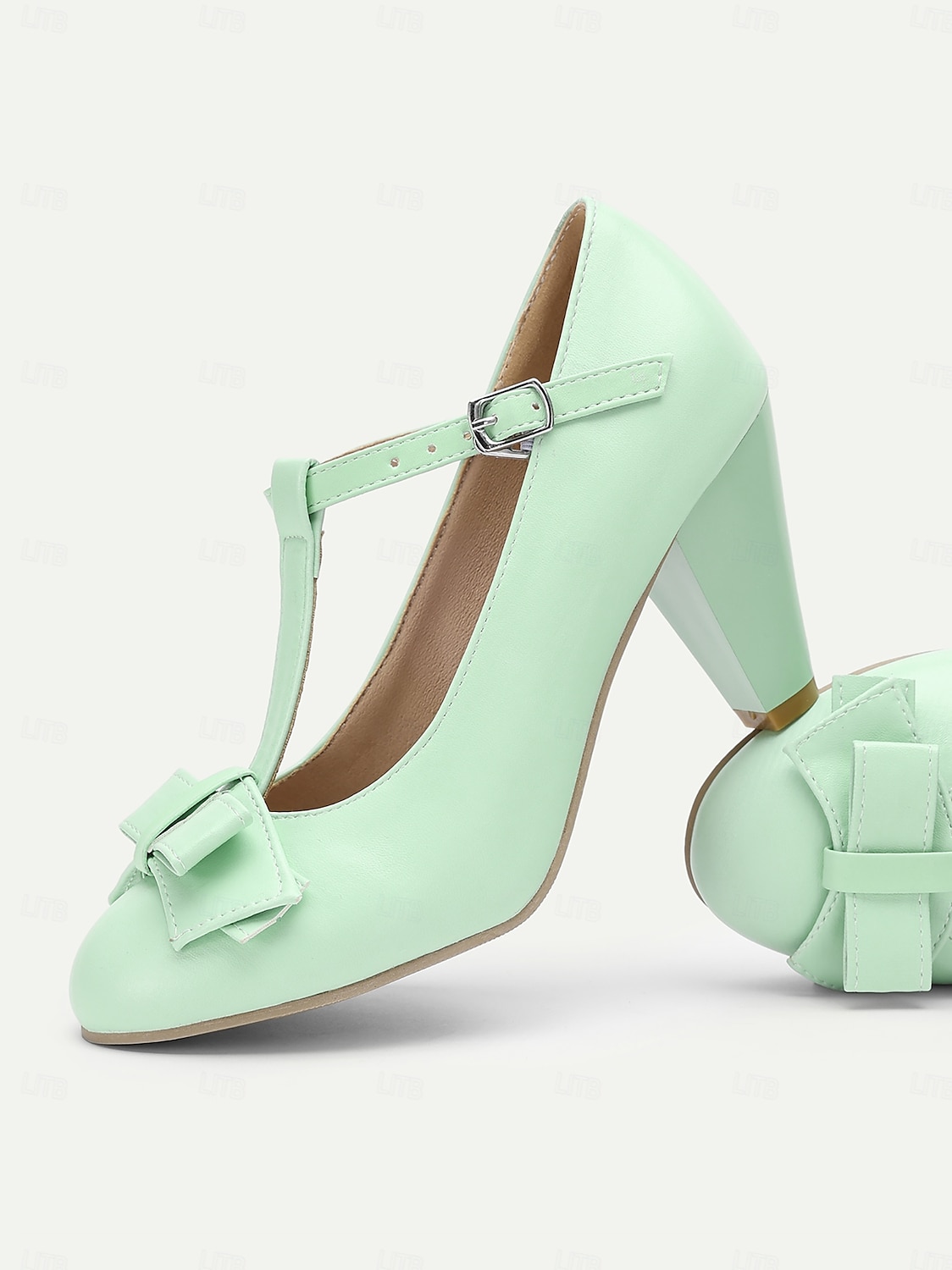 dames mintgroene t-band mary jane hakken met strikdetail - vintage stijl pumps voor feesten en formele gelegenheden 2025 - €41.99 –P3