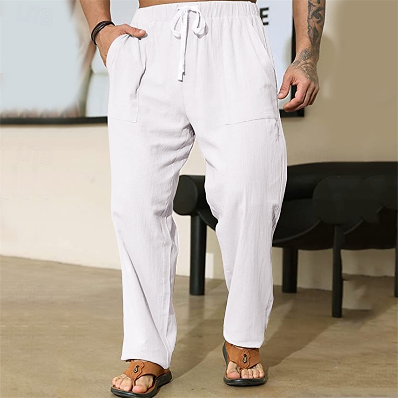 Homens Calças de linho Calças Calça verão Com Cordão Cintura elástica Perna reta Tecido Conforto Respirável Comprimento total Casa Casual Diário Moda Estilo Clássico Preto Branco de 2025 por $21.99 –P3