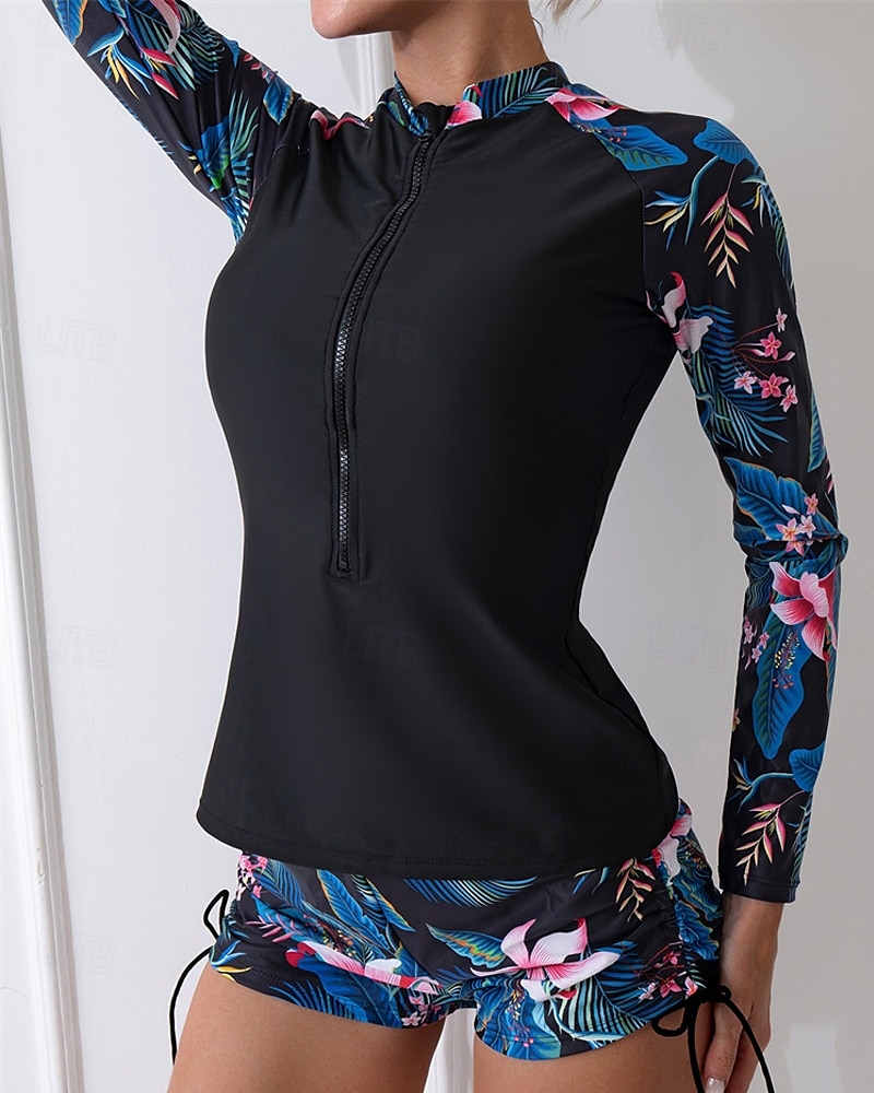 Naisten Rashguard-uimapuku Kevyt Pitkähihainen Uima-asut Uimapuku 2-osainen Etuvetoketju Uinti Lainelautailu Hiekkaranta Vesiurheilu Kukat Tilkkutäkki Painettu Kesä Kevät Syksy 2025 - $26.99 –P20