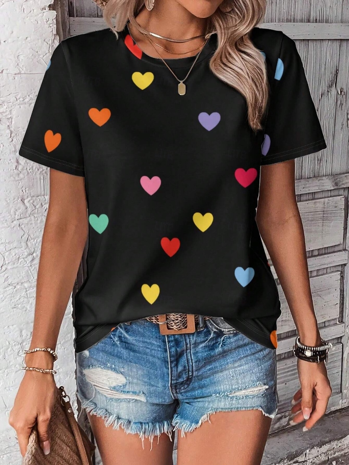 Tricou pentru femei inimă drăguț topuri regular mânecă scurtă guler rotund imprimeu regular fit zilnic negru alb vară 2025 - $19.99 –P2