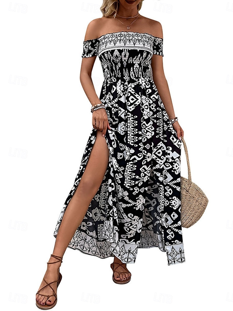 Női Maxiruha hétköznapi ruha Boho elegáns ruhák A vonalú ruha Boho ruha Csehország Stílusos Alkalmi Vakáció Napi Laza öltözet Grafika Rövid ujjú Aszimmetrikus Fekete Nyár Tavasz 2025 - $48.99 –P4