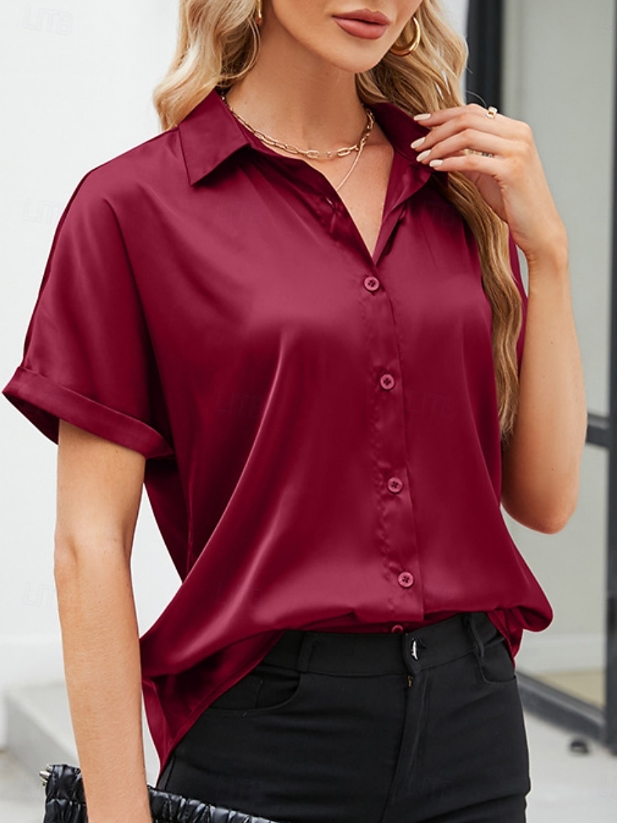kvinners valentine skjorte bluse business ensfarget vanlige topper kortermet skjorte krage knapper normal passform arbeid formell moderne fritidsklær rød grønn grå sommer 2025 - $27.99 –P4