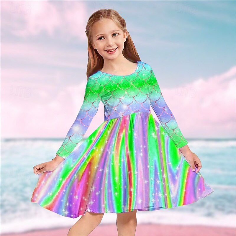 kinderkleidung Mädchen Kleid Regenbogen Meerjungfrau Langarm Casual Rundhalsausschnitt bezaubernd Täglich Polyester Übers Knie Casual kleid Schaukelkleid A Linie Kleid Herbst Winter 3-10 Jahre 2025 - $17.49 –P10