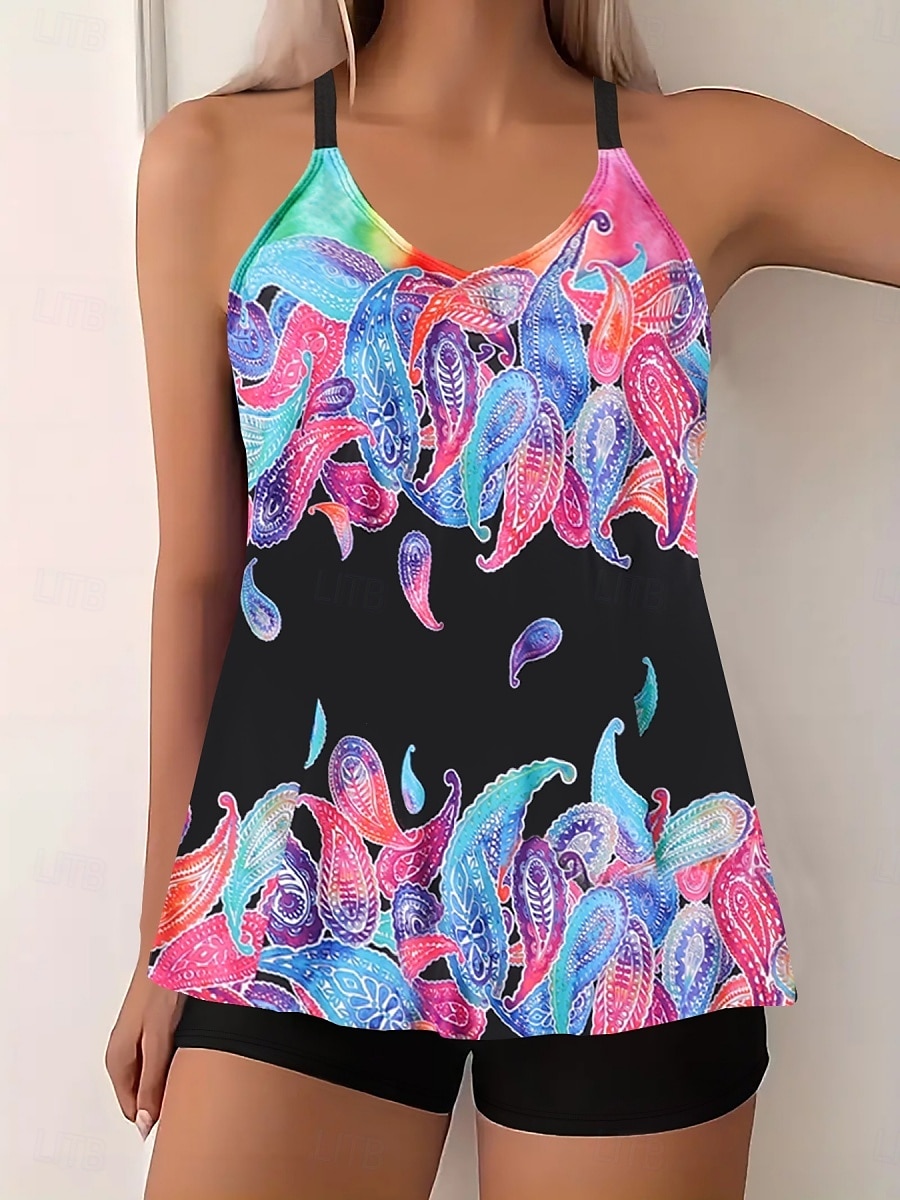 Dam Badkläder Tankini 2 st Pojkeben Baddräkt Öppen rygg Hög midja Semester Standkläder Paisley V-hals Ärmlös Baddräkter 2025 - $28.99 –P1